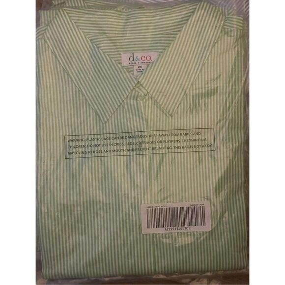 Denim & Co Women 2X Button Front Long Top Green White Stripe Roll Tab Sleeve NWT - Picture 4 of 8